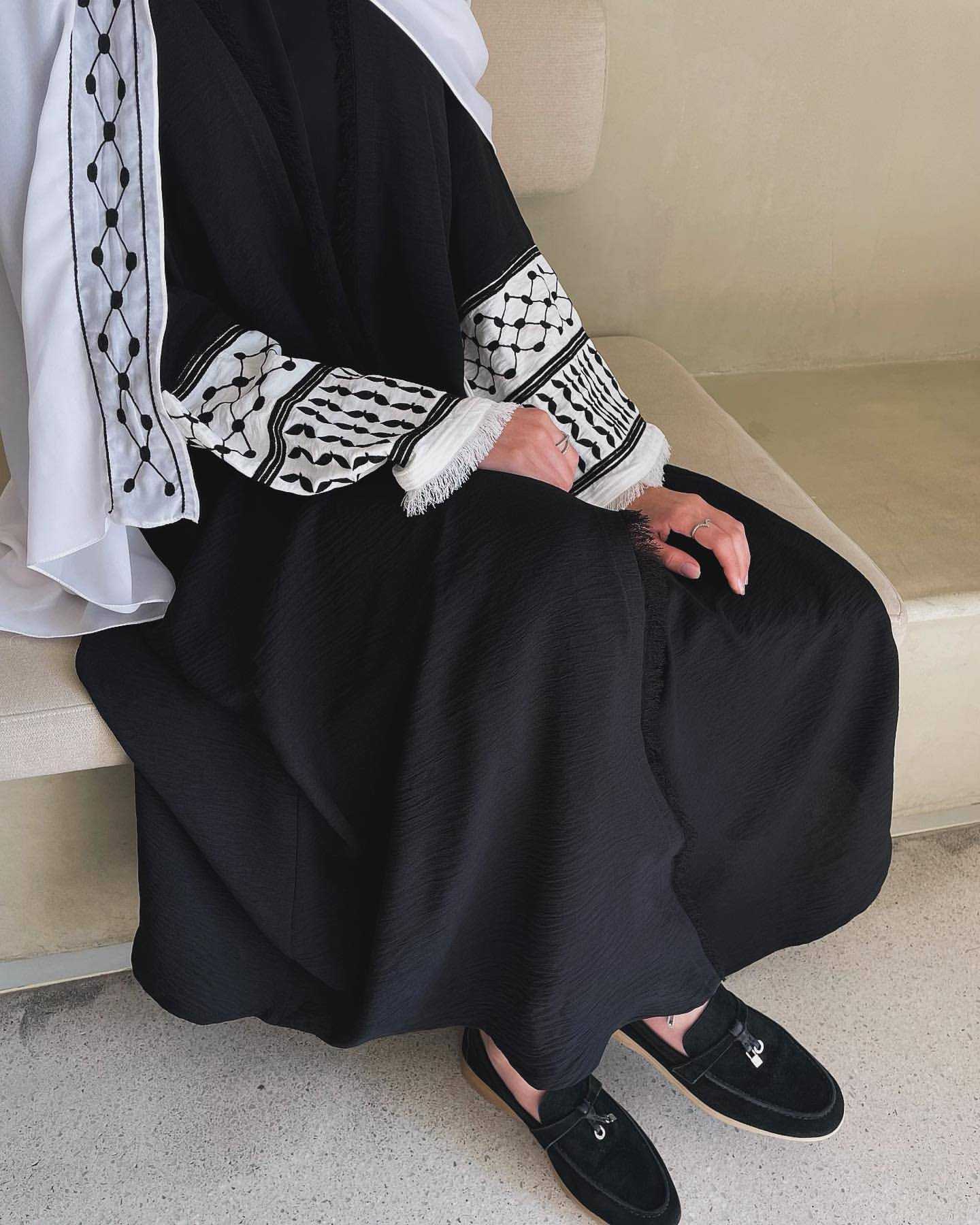 Kufiya Inspired Abaya with contrast embroidered sleeves and detachable belt